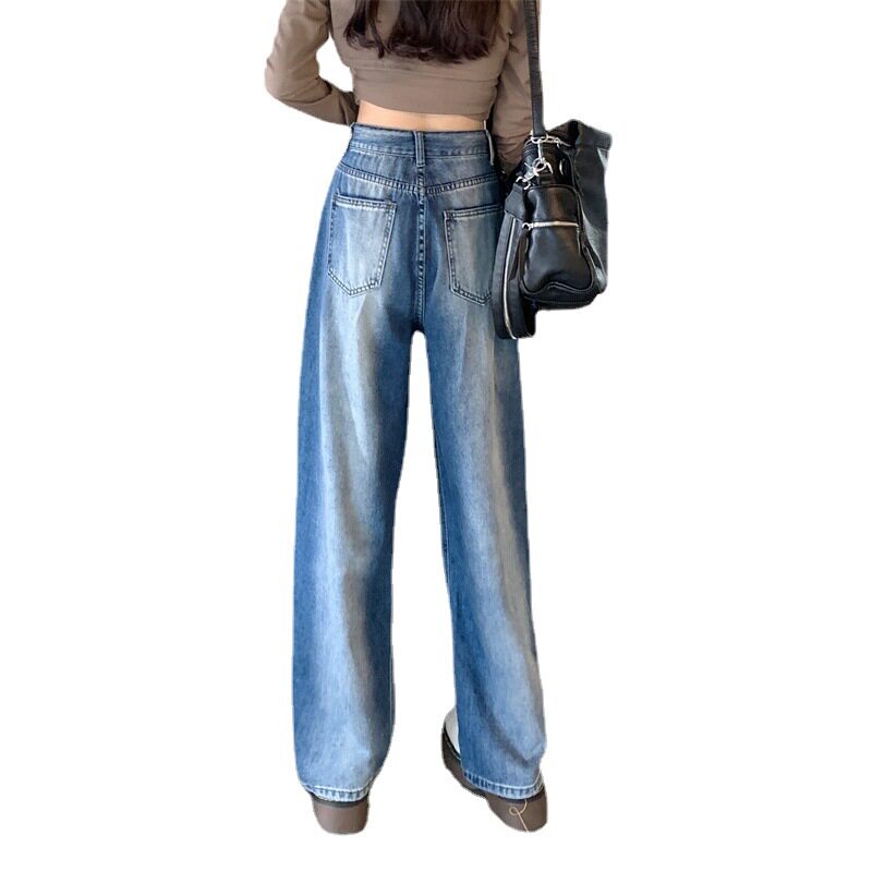 High Waisted Wide Leg Jeans for Women Gradient Color Loose Fit Floor Length Stylish Design Spring and Autumn