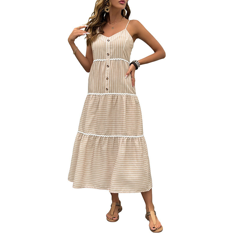 Layered Striped Midi Dress French Vacation Style Sleeveless Comfortable Fabric Perfect for Summer Getaways
