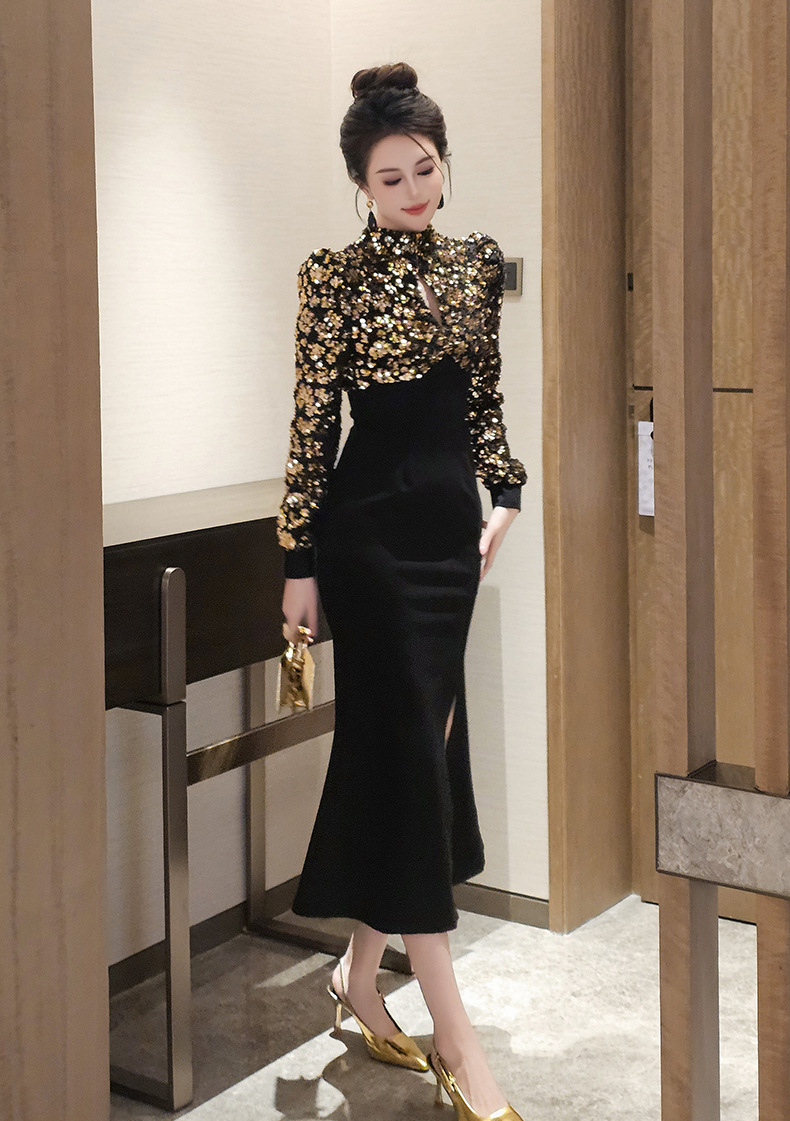 Đầm dài nữ màu đen thắt eo xẻ tà đính sequin dự tiệc — Màu đen