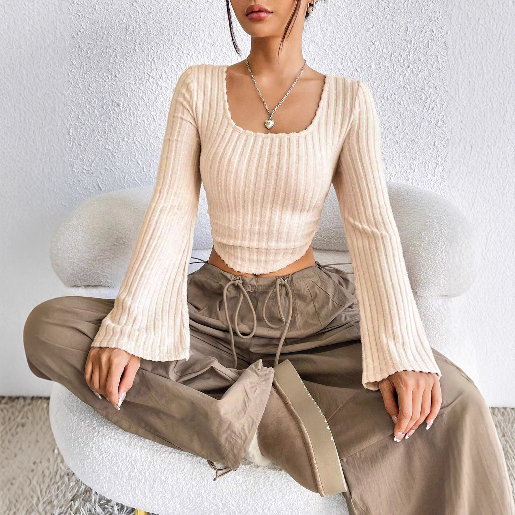 Fashionable Elegant Womens T Shirt Square Neck Flared Long Sleeves Spring Summer Style Wholesale Available
