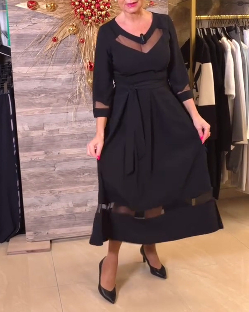 Elegant Long Sleeve V Neck Dress Sheer Mesh Panel Waist Defined Solid Color Perfect for Parties and Events