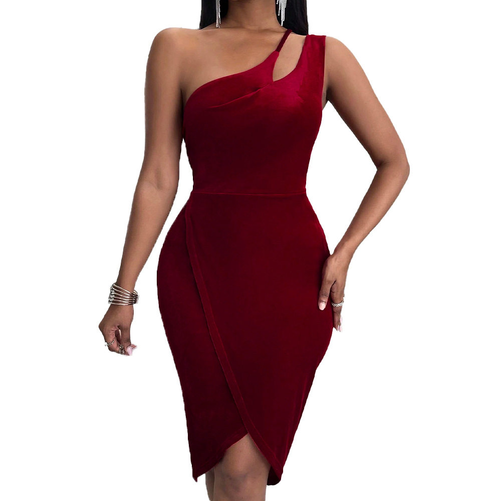 Velvet Bodycon Dress Slim Fit One Shoulder Sexy Design Evening Wear Party Dress Wholesale Available