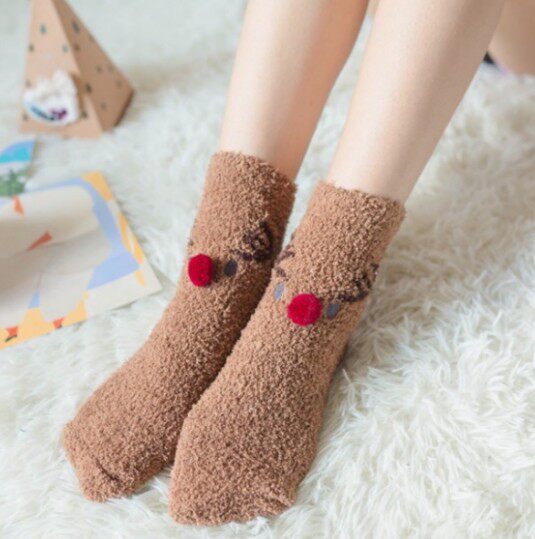 日系圣诞地摊袜子刺绣立体家居珊瑚绒卡通加厚毛巾地板半边绒女袜
