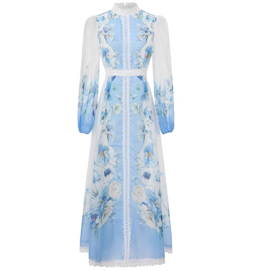 Vintage French Style Lace Printed Round Neck Dress for Women Spring and Autumn Waist Defining Flowy A Line Elegant