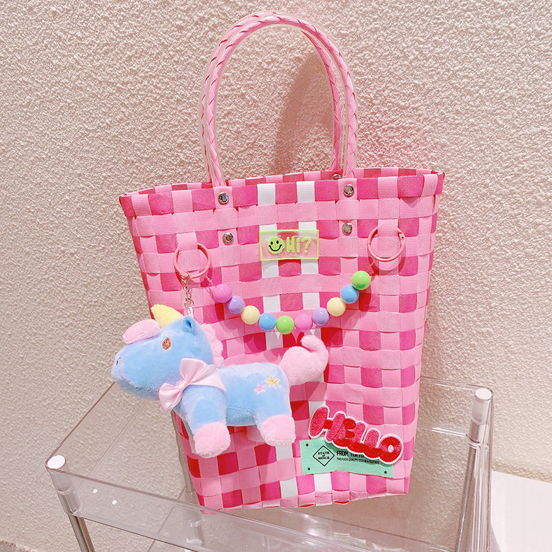 12.a 08大du角獣粉白編みバッグ