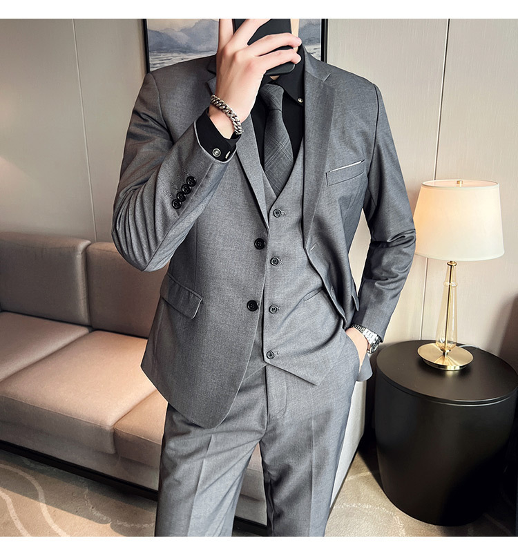 Bộ vest nam ôm dáng ba món phong cách công sở và dự tiệc cưới — Màu xám (áo một nút + áo vest + quần), Màu xanh navy (áo một nút + vest + quần), Màu xám (áo một nút + quần), Màu xám (áo đơn một nút)
