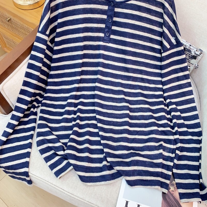 Áo thun nữ cổ Henley sọc dài tay phối màu phong cách rộng rãi — Xanh biển đảo