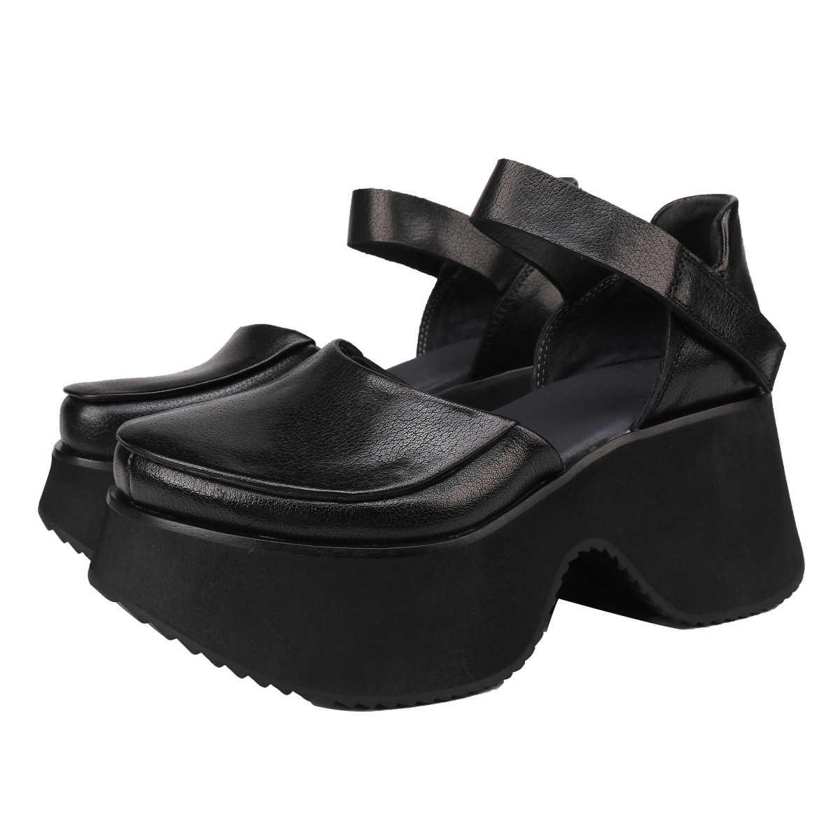 Sandal nữ da bò thật đế dày quai ngang mũi tròn phong cách cổ điển — màu đen, Xanh lá cây