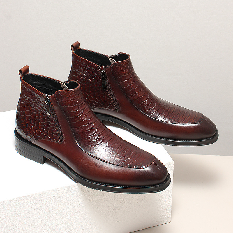 Boot cổ trung da bò dập vân cá sấu khóa kéo đôi phong cách cổ điển — Lớp lót nhung đen, Màu đen lót da, Đỏ rượu bên trong da