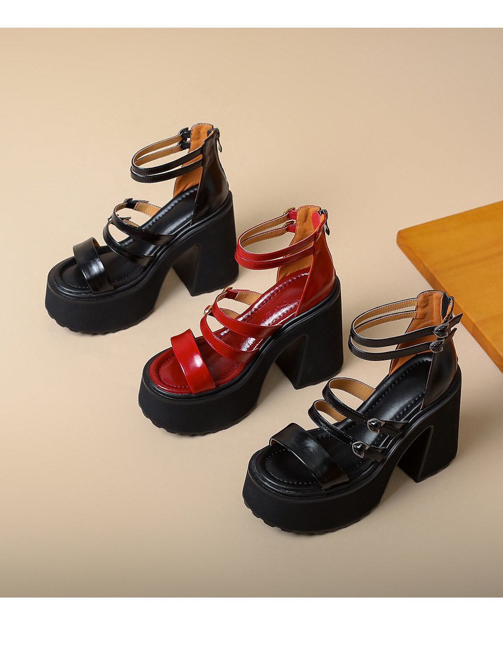 Sandal cao gót nữ hở mũi đế xuồng 12 cm phong cách La Mã — [Đen], [Đỏ] chi tiết 15