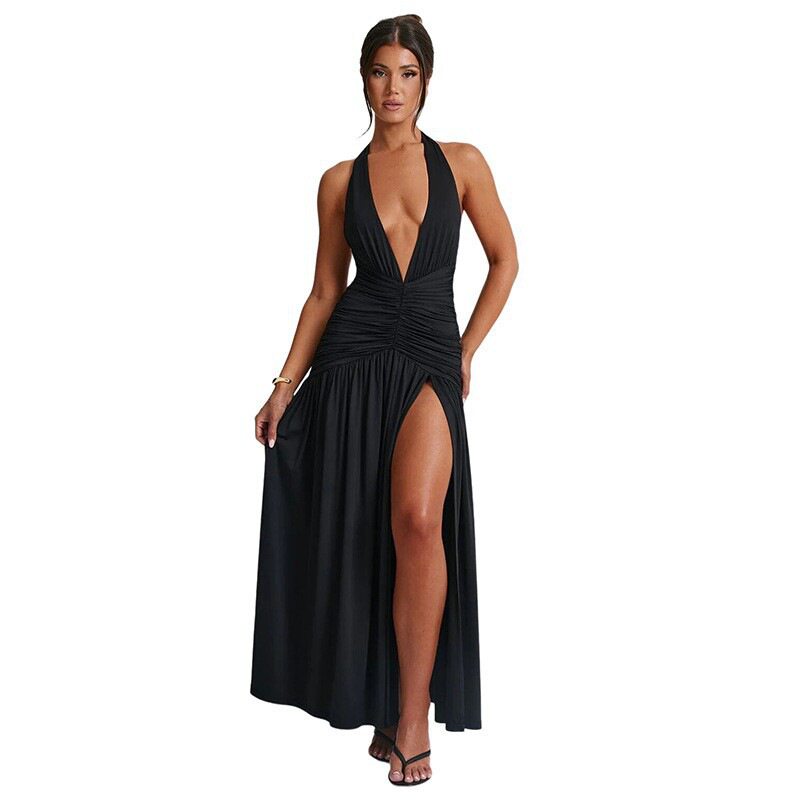 Summer Womens Dress Elegant Halter Neck V Neck Long Length Sexy Slit Ruched Backless Perfect for Parties and