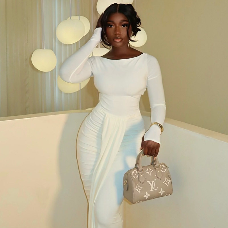 Elegant Womens Bodycon Dress Backless Long Sleeve Round Neck Versatile Style Perfect for Home or Casual Outings