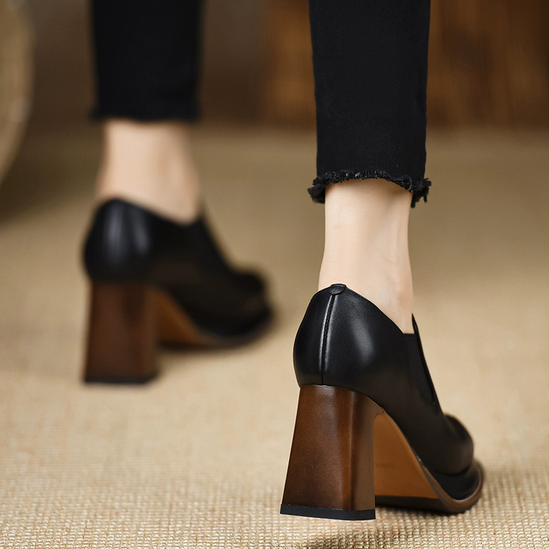 Giày cao gót nữ mũi vuông gót thô đế xuồng phong cách cổ điển — Màu đen, Màu nâu