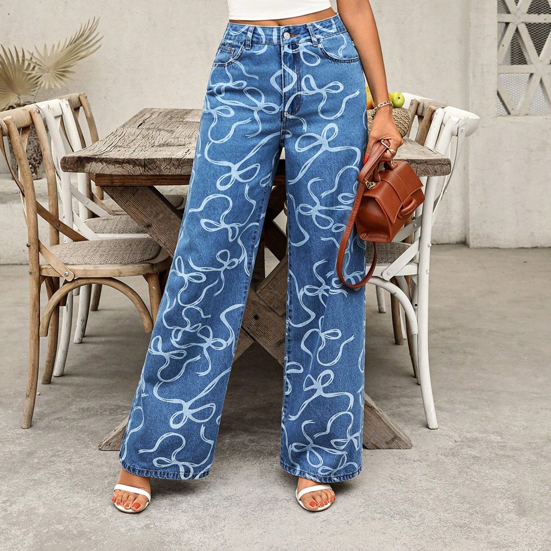 Casual Wide Leg Printed Denim Pants Fashionable Versatile Relaxed Fit Ideal for Everyday Wear Wholesale Available