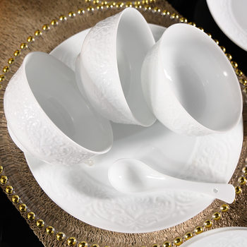 2025 New Style Rice Bowl Noodle Bowl Chinese Embossed Bowl and Plate Tableware Household Underglaze Color Rice Bowl Ceramic Bowl Soup Plate