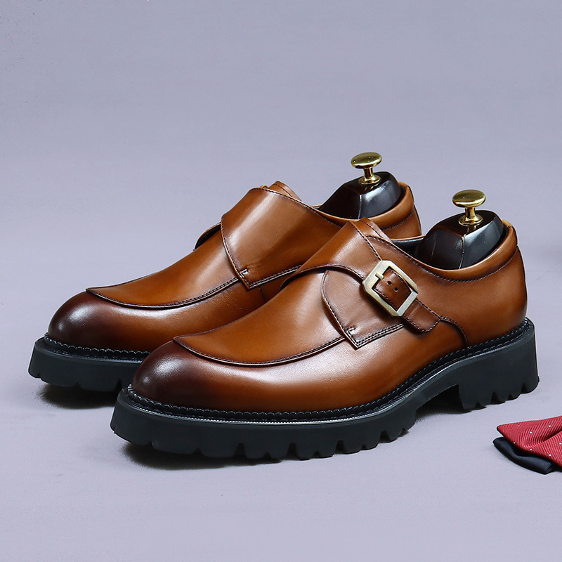 Giày monk strap nam da bò mũi tròn khóa thủ công — nâu, đen