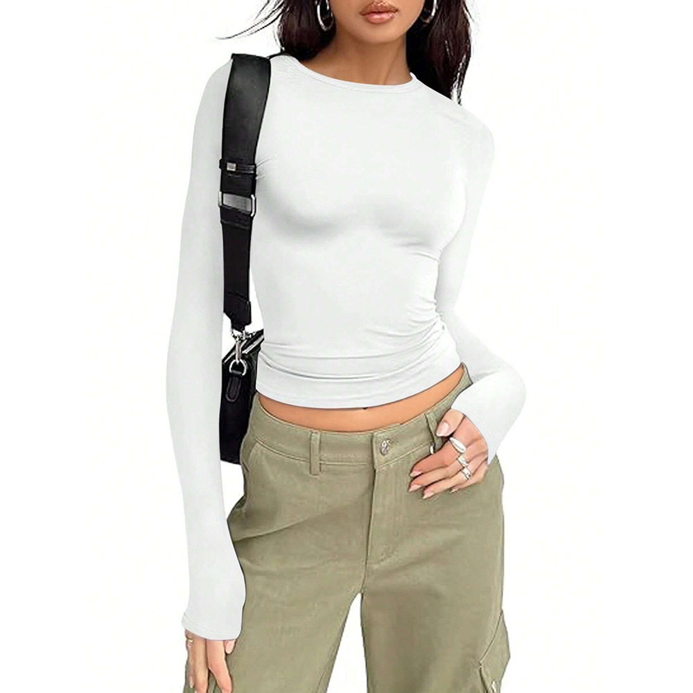 Womens Long Sleeve T Shirt Solid Color Slim Fit Versatile Style Spring Summer Casual Wear Wholesale Available