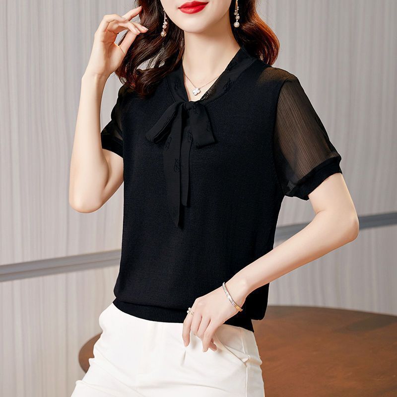 Womens Short Sleeve T Shirt Bow Design Loose Fit Lightweight Ice Silk Knit Summer Casual Top OEM Available
