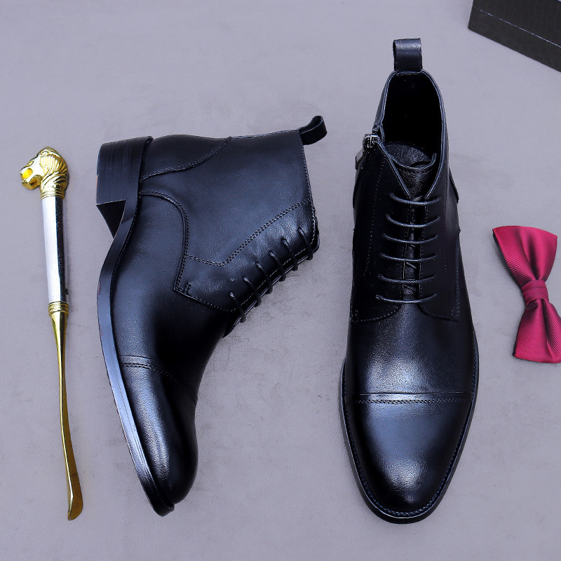 Giày boot nam cổ thấp da bò thật dây kéo phong cách công sở — đen, nâu