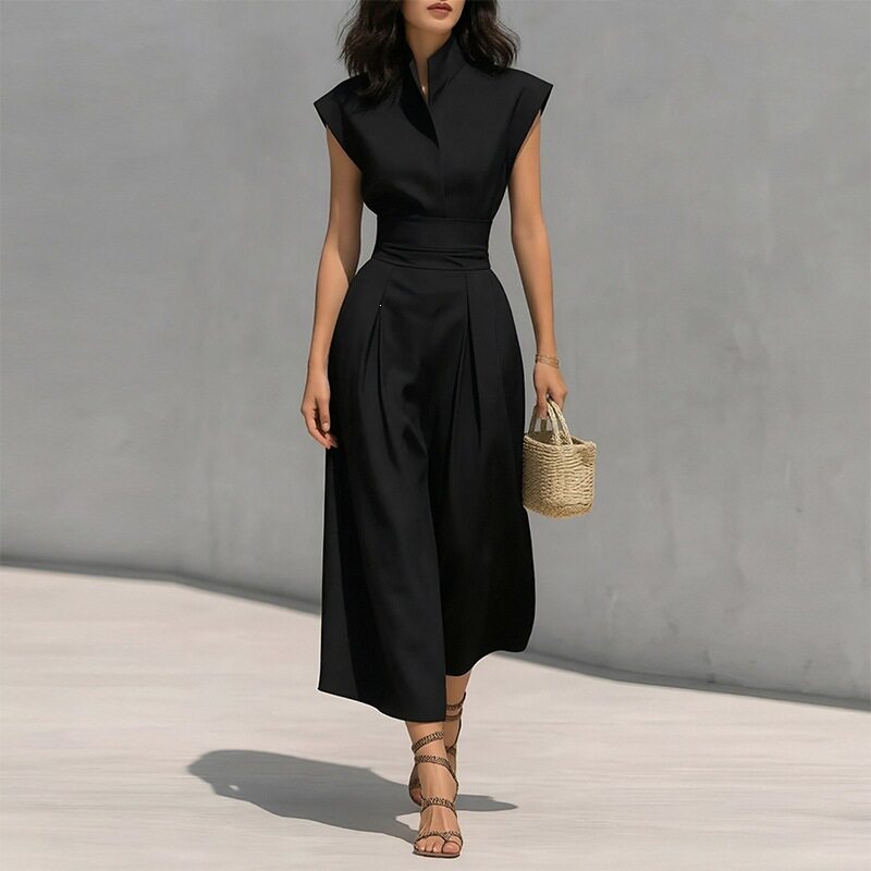 Womens Spring Dress Elegant Solid Color Waist Defining Flutter Sleeves Perfect for Casual or Formal Occasions