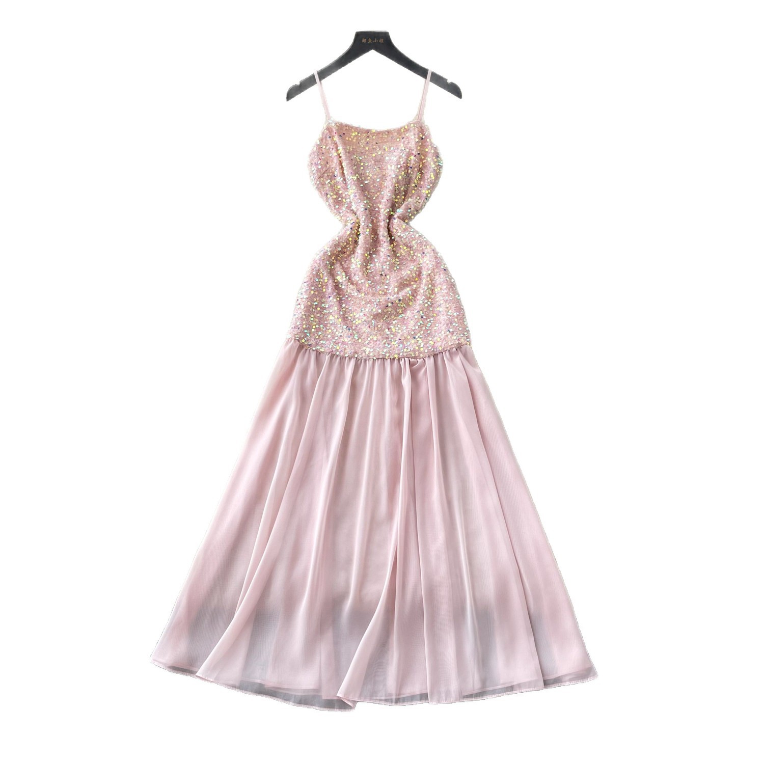 French Style Sequin Halter Neck A Line Dress Waist Defined Mesh Panel Elegant Design Evening Gown for Special