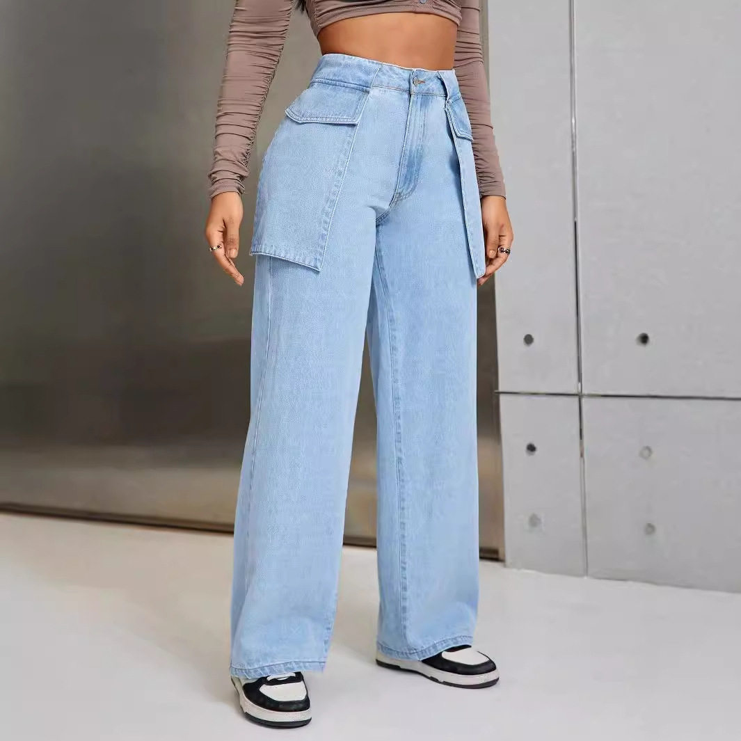 Wide Leg Denim Trousers Casual Style Large Pockets Comfortable Fit Womens Fashion for Everyday Wear Ready to Ship