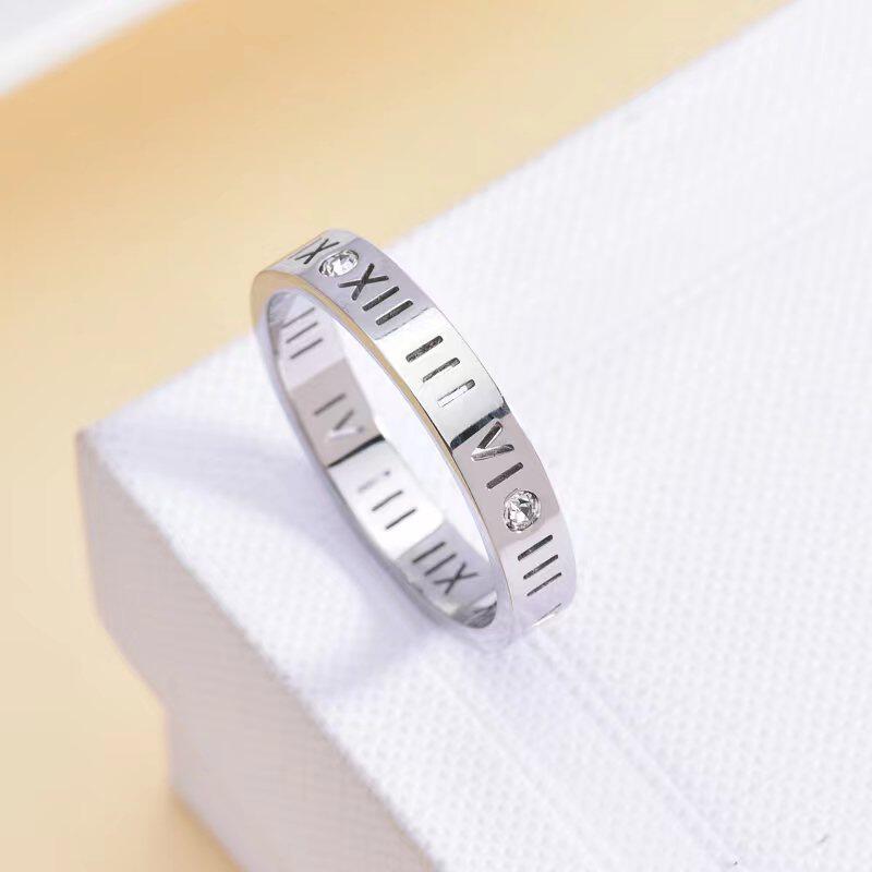 Cross-border Explosions Titanium Steel Roman Numerals Diamond Ring No Falling Personality Ring for Men and Women Couple Ring