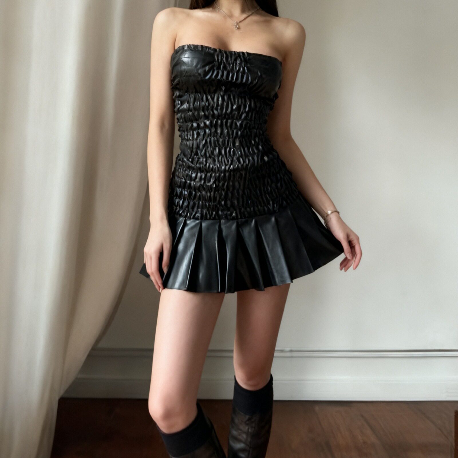 Off Shoulder Ruched PU Leather Dress Slim Fit Sexy Style Fall Perfect for Parties and Night Out Wholesale Available