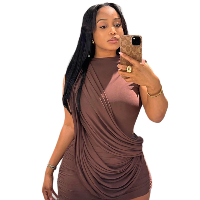 Solid Color Ruched Bodycon Mini Dress Sleeveless Round Neck Asymmetrical Hem Trendy Streetwear for Casual Outings