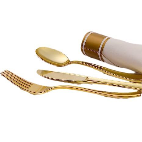 Cross-border Disposable Four-piece Plastic Golden Knife and Fork Spoon Napkin suit Wedding Party Catering Decorative Tableware