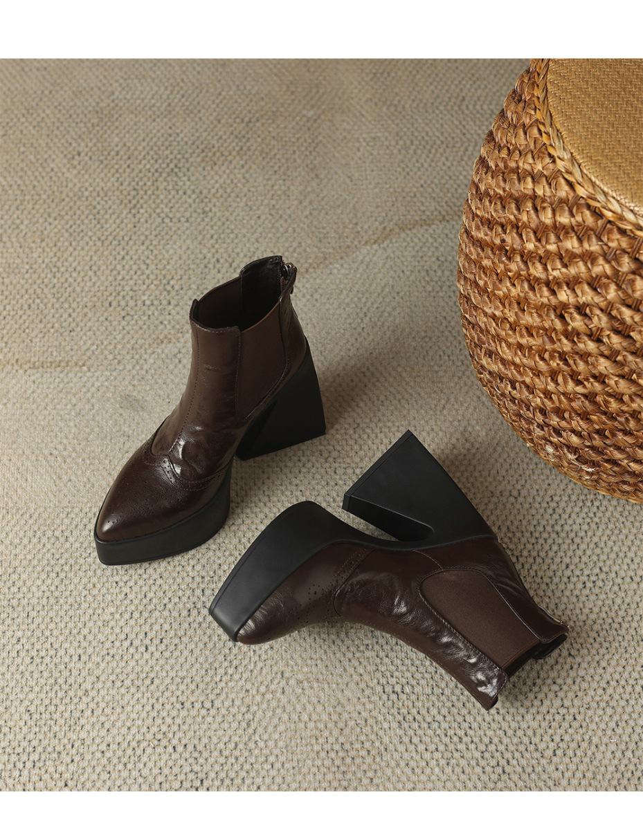 Boot nữ cổ thấp gót thô mũi nhọn phong cách Chelsea — Màu đen lót một lớp, Màu đen lót nhung, Màu nâu lót một lớp, Màu nâu lót nhung