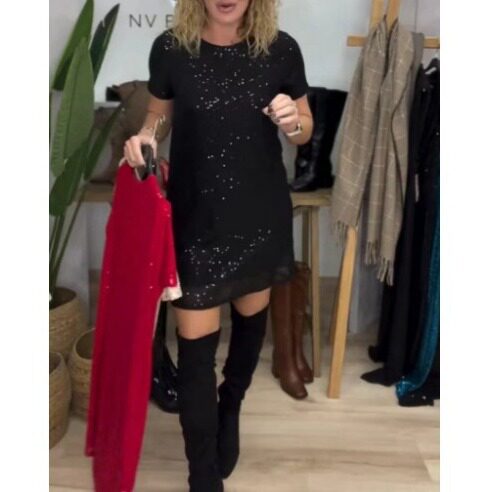 Elegant Sequin Short Sleeve Dress Round Neck Autumn Winter Style Perfect for Parties Wholesale Available