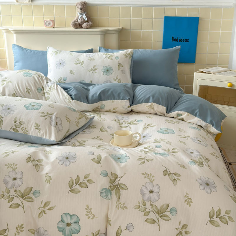 Cross-Border Customized Double-Layer Yarn Four-Piece Jacquard Xiaozhu Cotton Three-Piece Student Dormitory Fresh Floral Bedding