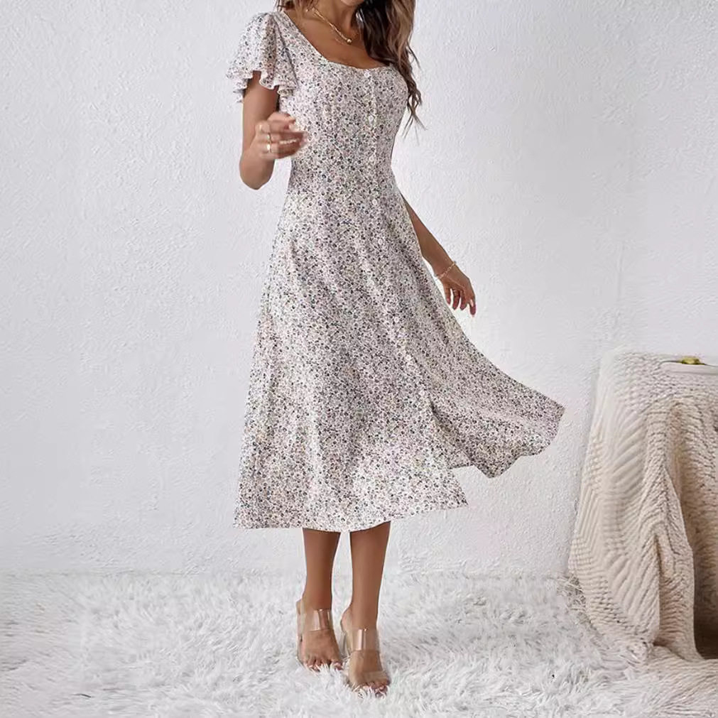 Floral Print Short Sleeve Square Neck Dress Summer Style Lightweight Fabric Elegant Design Wholesale Available
