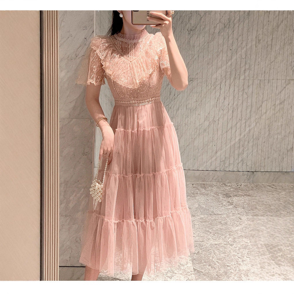 French Style Sweet Heavy Beaded Lace Panel Waist Defined Tulle Puff Dress for Women Elegant Slim Fit Perfect for