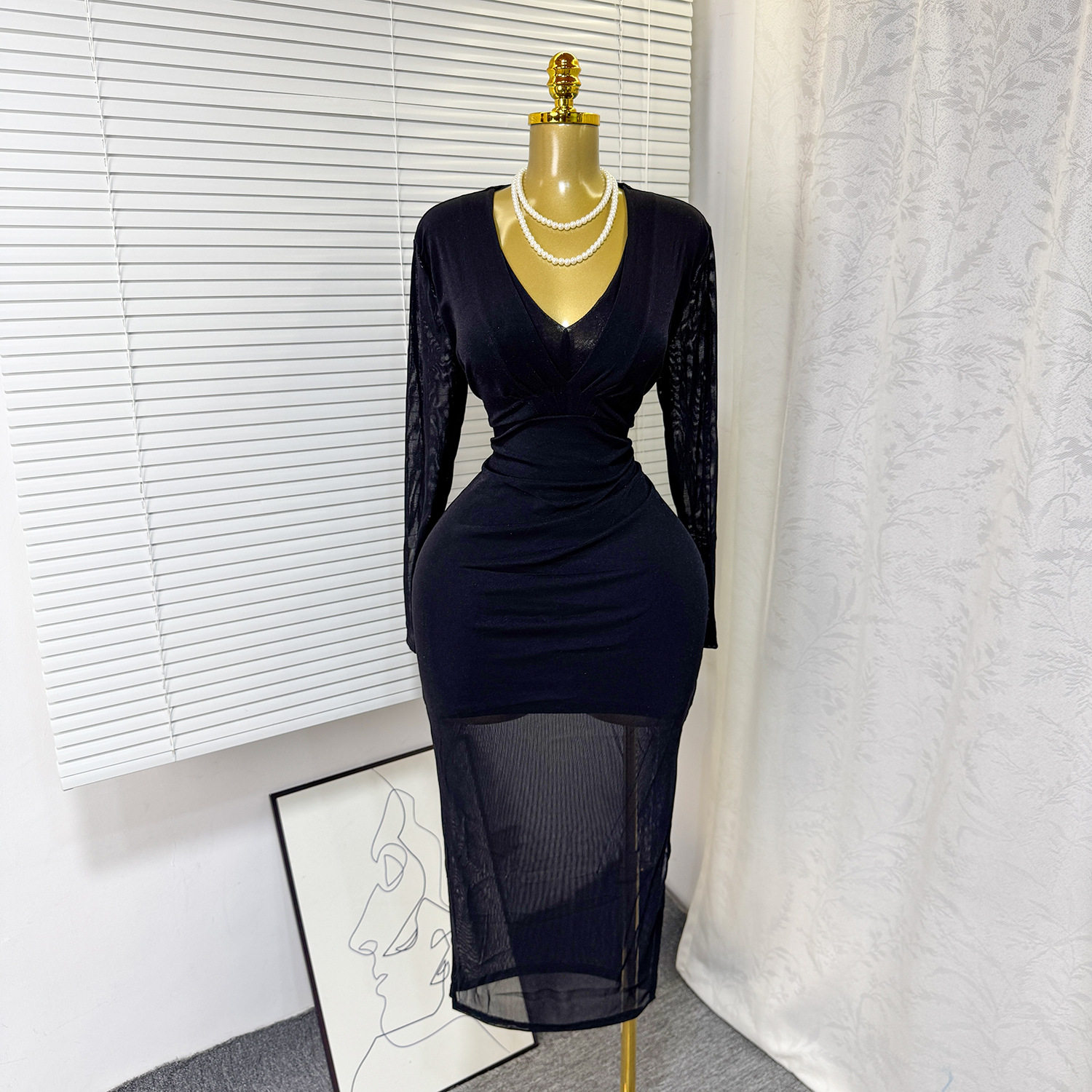 V Neck Bodycon Dress Elastic Mesh Fabric Solid Color Mid Length Spring Fall Fashion Wholesale Available