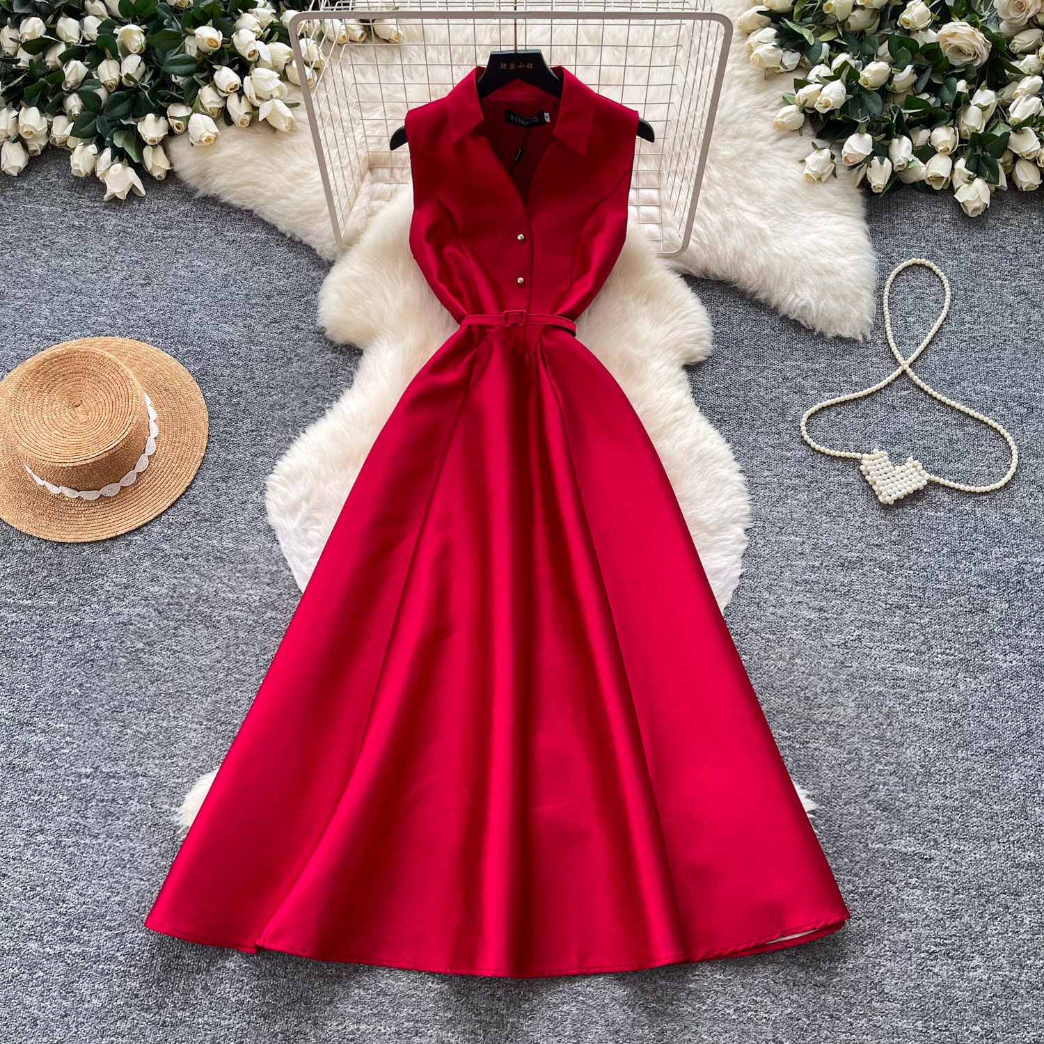 Sleeveless A Line Dress for Women High Waist Slim Fit Button Closure Elegant Summer Cocktail Dress Wholesale
