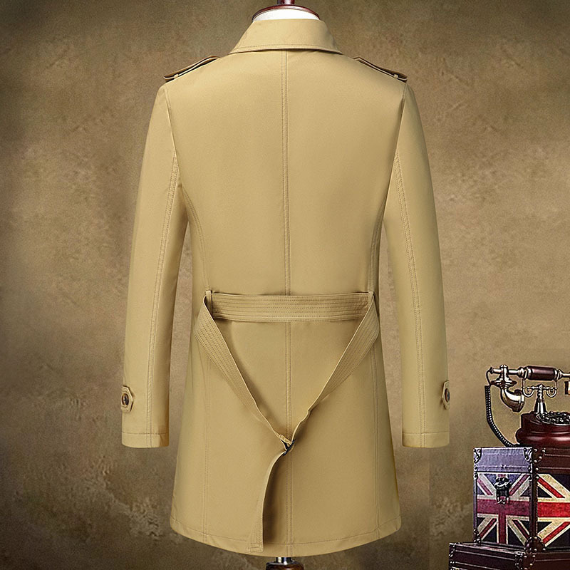 Áo trench coat nam dáng trung dài hai hàng khuy chất liệu vải cao cấp — Màu đen, Xanh Navy, Kaki nhạt, Kaki