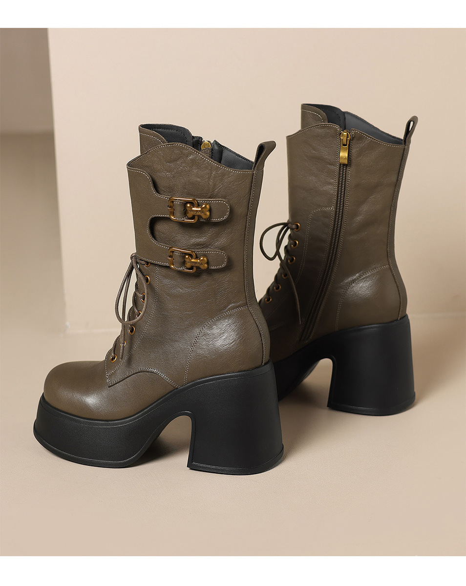 Boot Martin nữ da bò thật gót thô 10cm cổ trung khóa kéo bên hông — Lớp lót đơn màu đen, Lớp lót đơn màu kaki, Lớp lót đơn màu nâu, Lót nhung đen