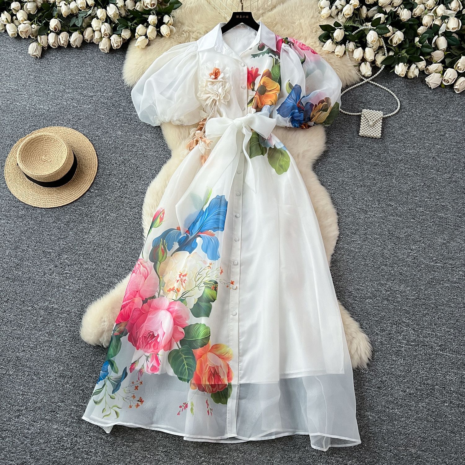French Elegant Summer Dress Corset Tie Waist 3D Floral Design Lantern Sleeves Printed Tulle Perfect for Parties and