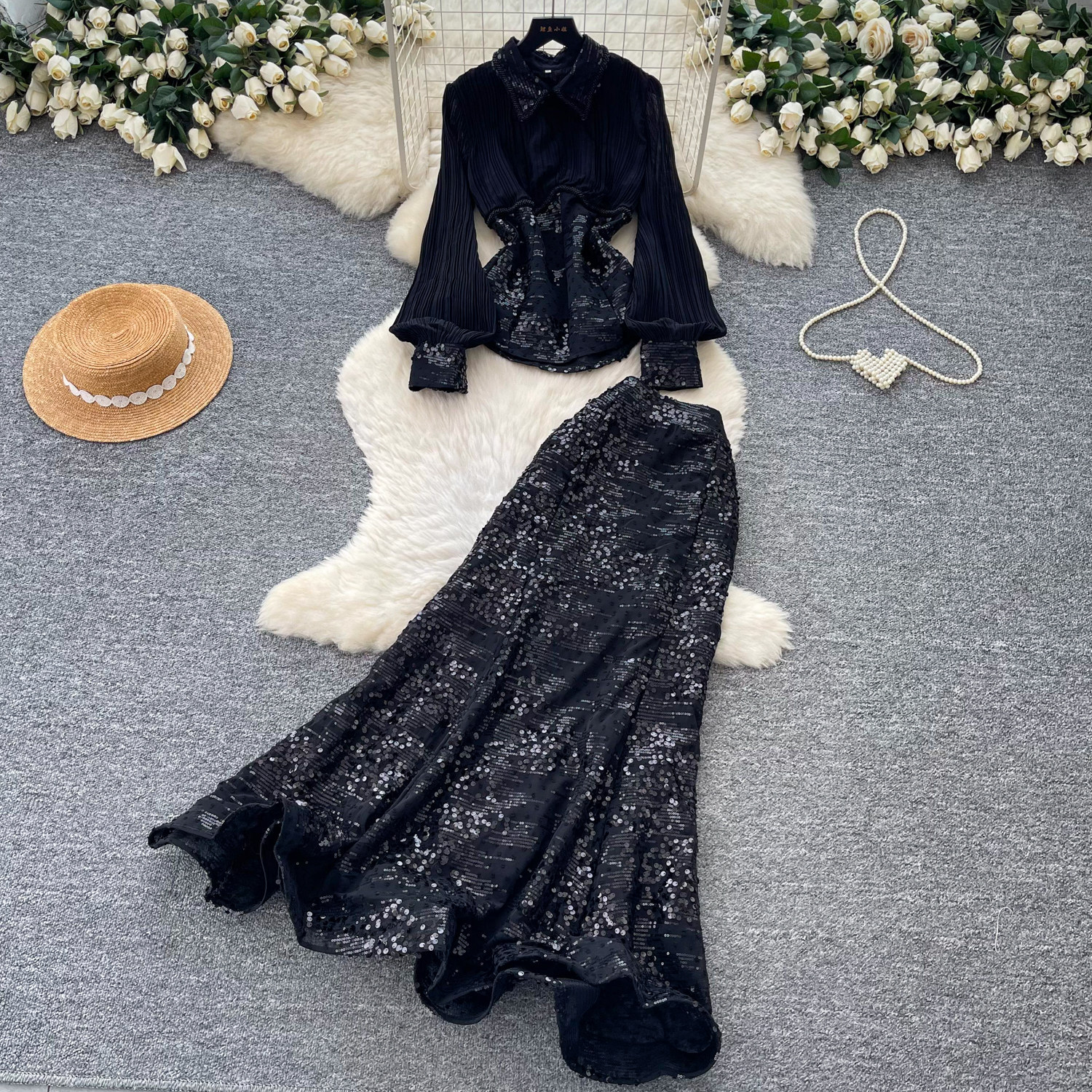 French Style Sequined Mesh Pleated Two Piece Set Waist Cinching Elegant Design Ideal for Spring and Autumn Wholesale