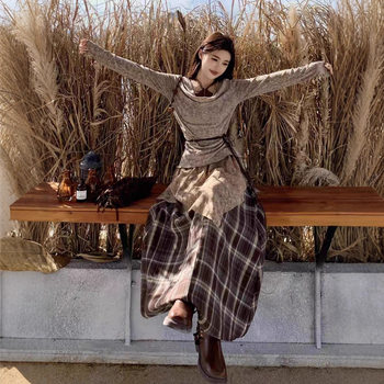 Autumn New Style Waist-Cinching Fake Two-Piece Long-Sleeved Tops Slimming and Versatile Splicing Skirt Two-Piece Set for Women