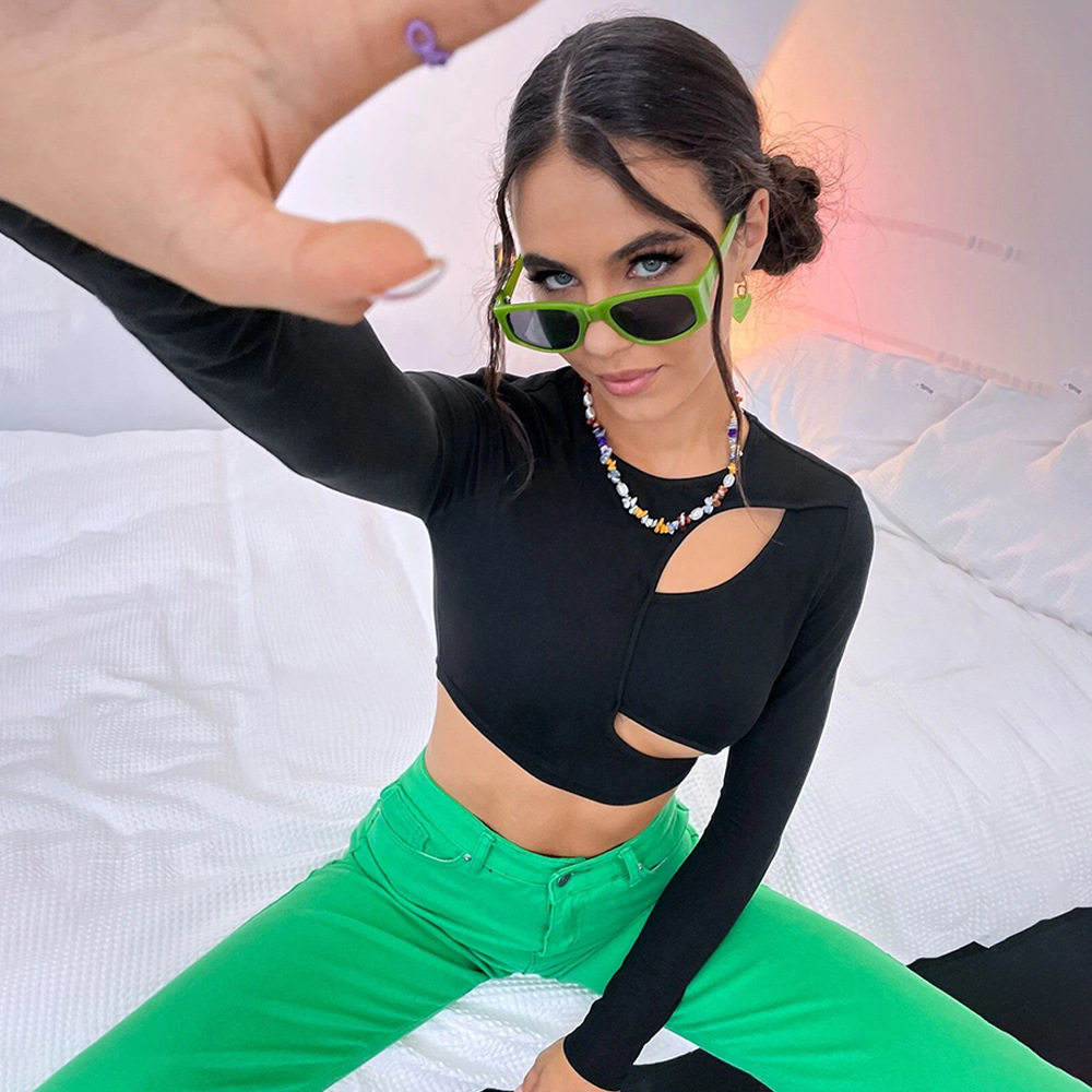 Womens Casual Hollow Out Slim Fit Crop Top Long Sleeve Street Style Trendy Design Perfect for Everyday Wear