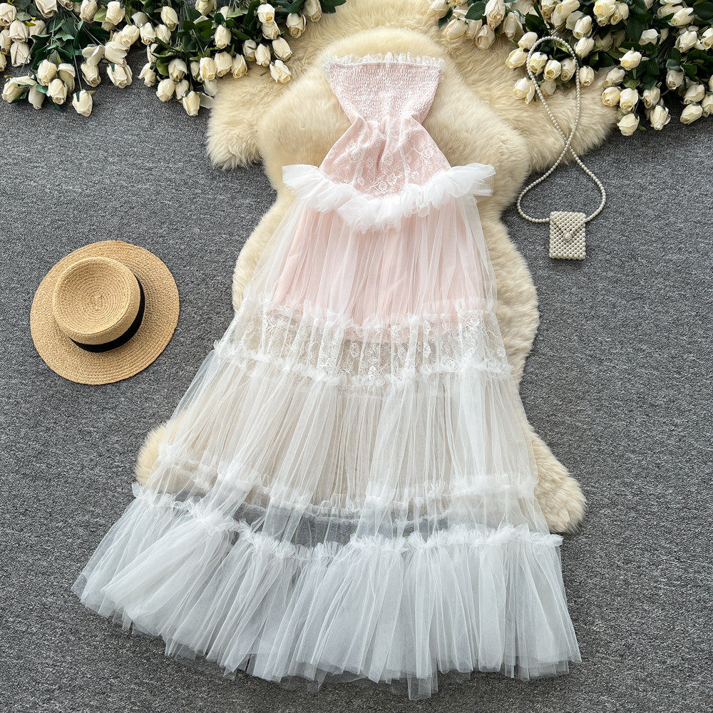 Lace Trimmed Strapless Maxi Dress High Waist Flared Skirt Sleeveless Elegant Design Summer Evening Wear OEM