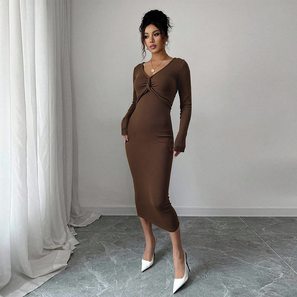 Brown V Neck Midi Dress for Women Twist Front Design Slim Fit Three Quarter Sleeves Spring and Autumn Office Wear