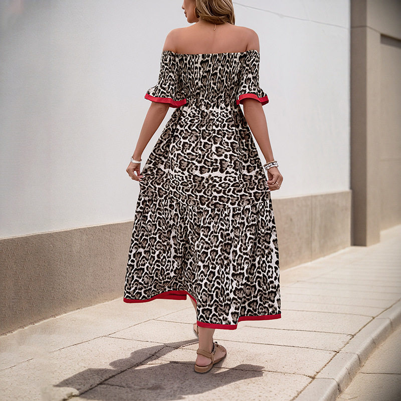 Vintage Off Shoulder Leopard Print Dress Ruffled Sleeves Elegant Style Perfect for Parties Wholesale Available