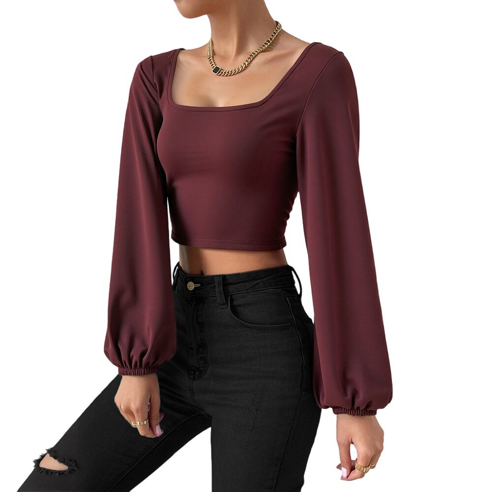 Wine Red Square Neck Short Knit Top for Women Long Sleeve Vintage Lantern Sleeves Slim Fit Spring Summer Casual Wear