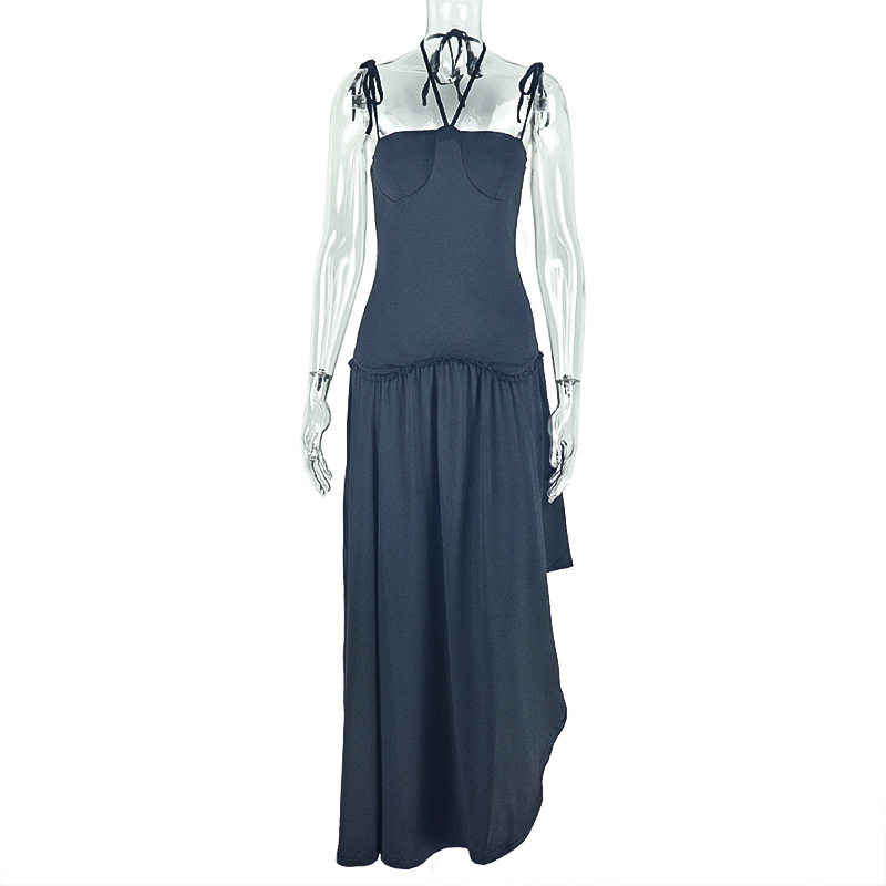 Casual A Line Dress Solid Color Ruched Waist Backless Halter Neck Street Style for Summer Wholesale Available