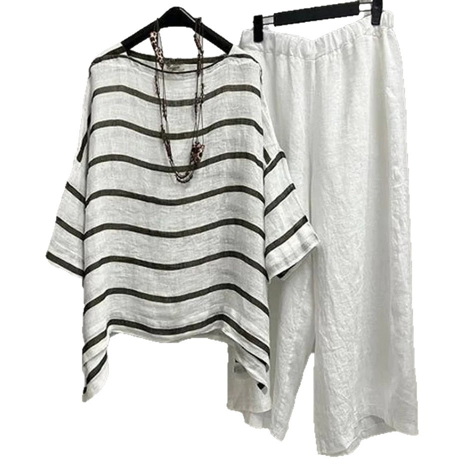 Womens Striped T Shirt and Long Pants Set Casual Style Round Neck Short Sleeve Spring Summer Collection Wholesale