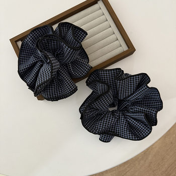 Blue Line Black Plaid Waist Large Bowel Ring French Low-key Simple High-end Hair Ring Ball Hair Accessories New Style